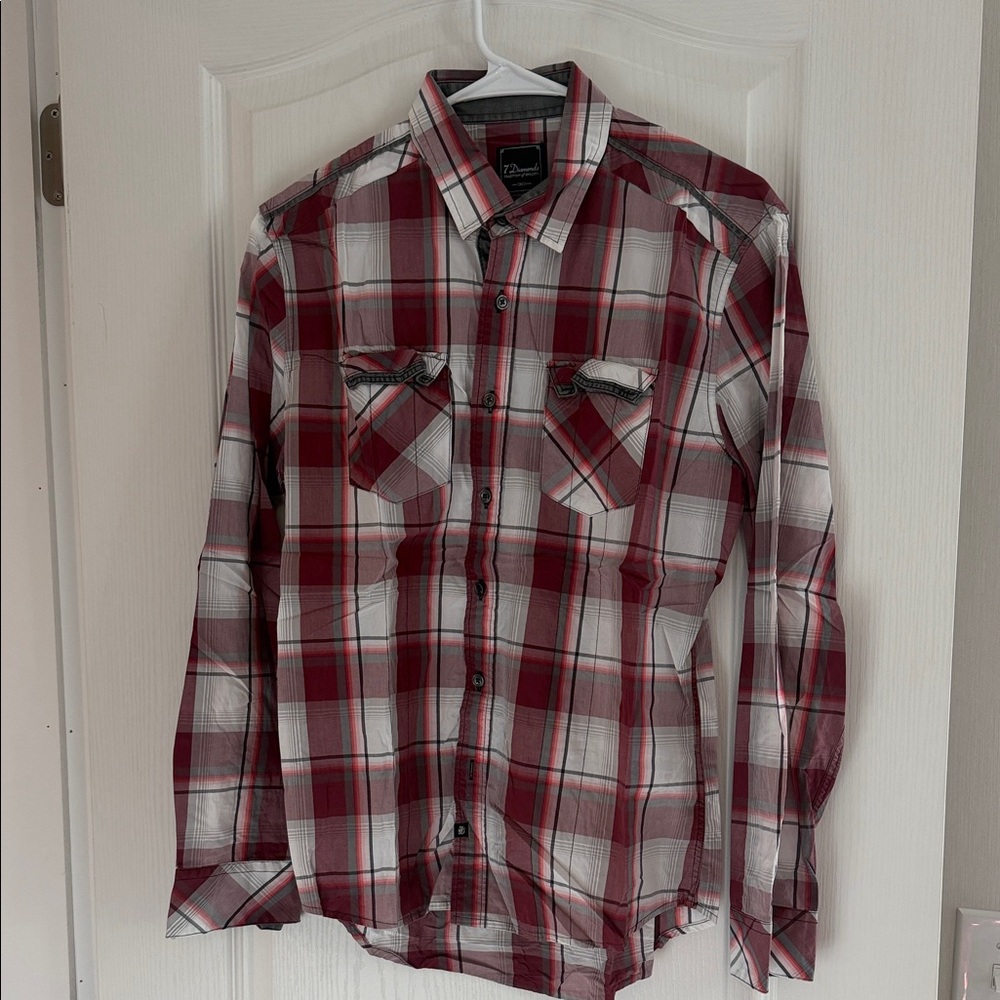 7 Diamonds Red and White Plaid Casual Shirt